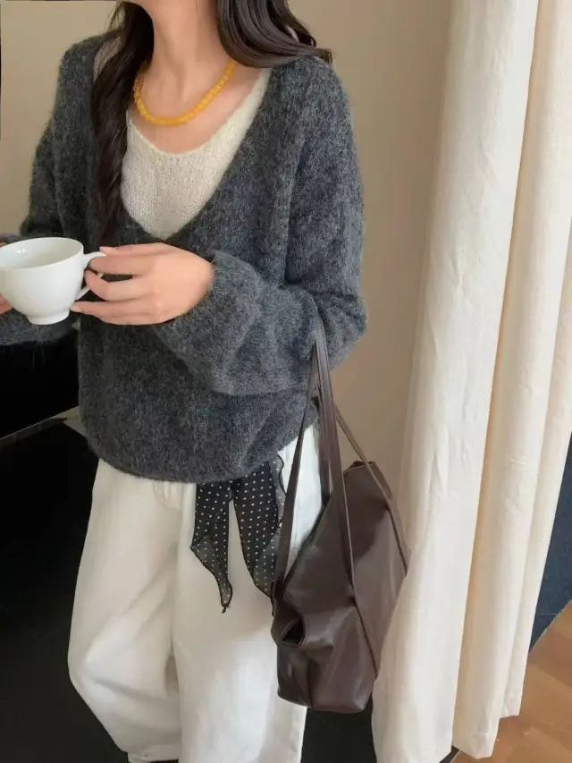 Laid back Preppy Style Fake Two piece Knitted Sweaters Top Dark Gray - Shop at LoveMi