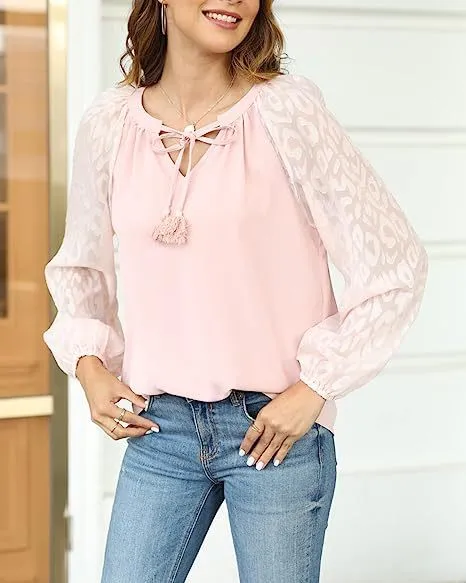 V neck Women's Long Sleeve Chiffon Lace Loose Shirt Pink - Shop at LoveMi