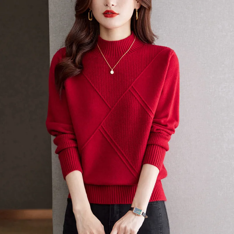 Autumn And Winter New Half Turtleneck Loose Inner Wear Sweater For Women - Red