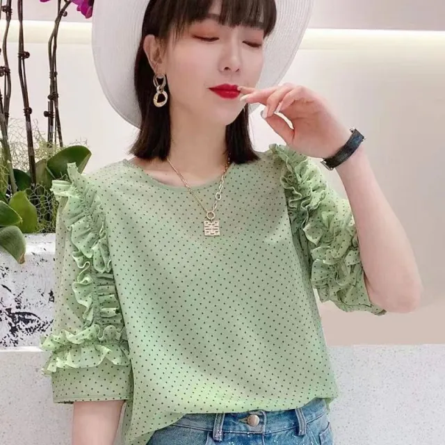 Summer New Pleated Loose Floral Blouse Top Green Dots - Shop at LoveMi