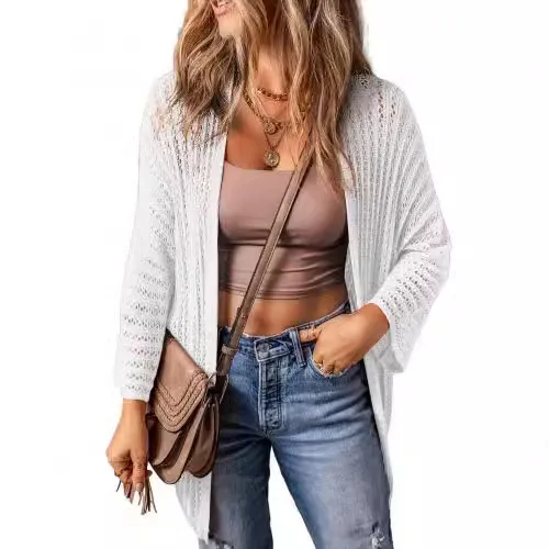 Hollow out Long sleeved Cardigan Sweater White - Shop at LoveMi