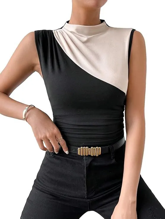 Sleeveless Slim Top Women's Half Turtleneck Ivory White With Black - Shop at LoveMi