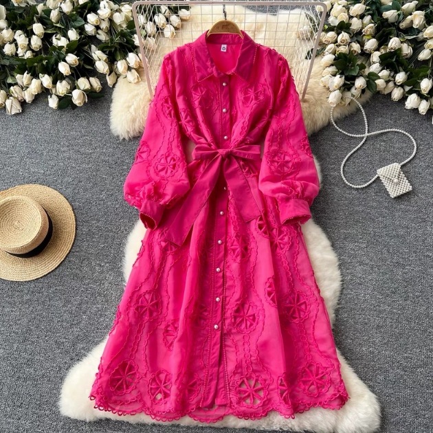 Women's Machine Embroidery Hollow-out Mid-length Puff Sleeve Dress