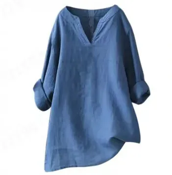 Loose Plus sized Comfortable Solid Color Pullover Cotton And Linen Top For Women Blue - Shop at LoveMi