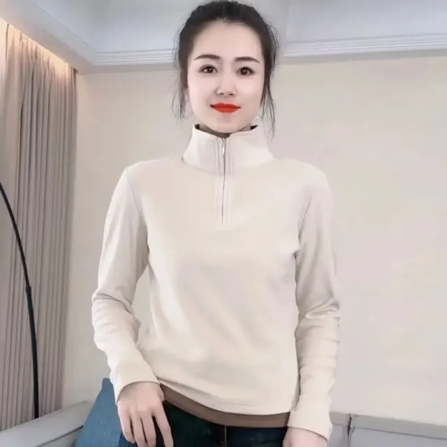 Half zip Design Niche Slim Belly covering Outerwear Top Beige - Shop at LoveMi