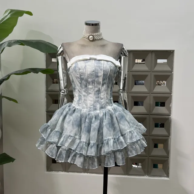 Fishbone Waist Tube Top Puffy Girl Dress Blue - Shop at LoveMi
