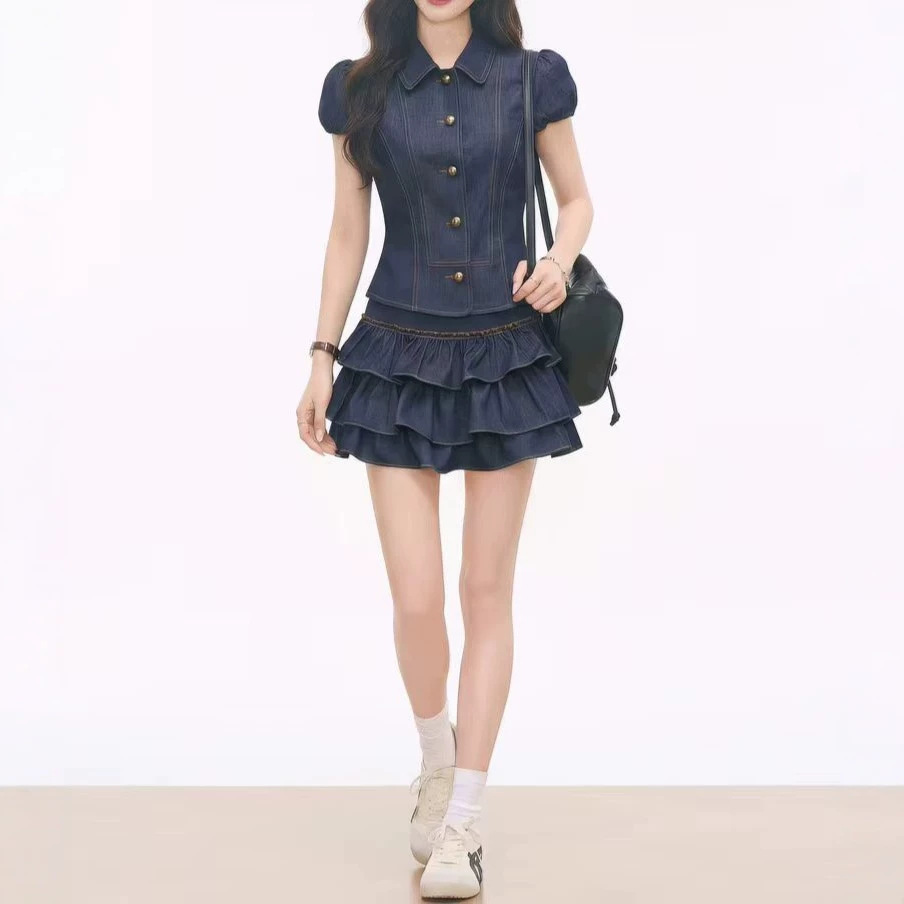 Womens Short-sleeve Shirt And Tiered Skirt Set