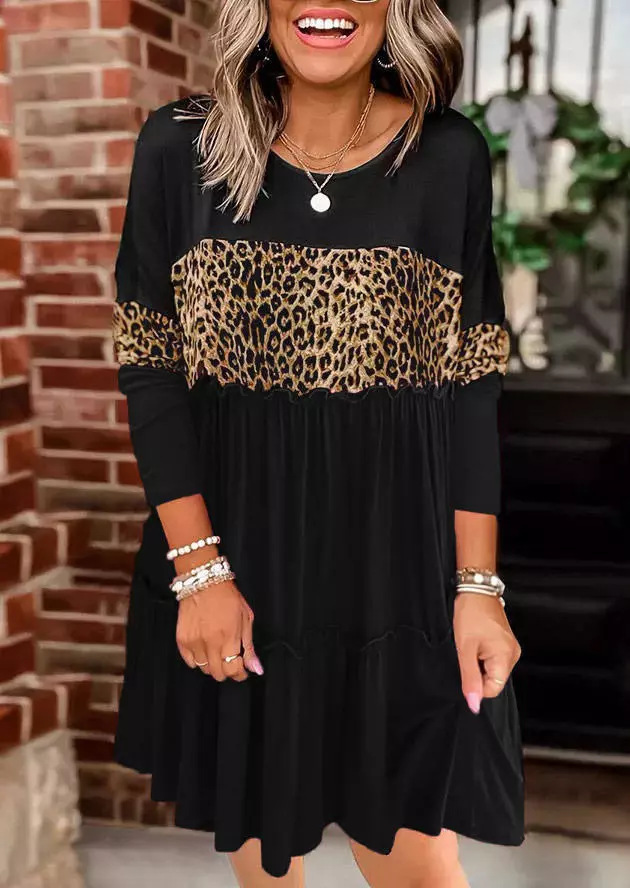 Crew Neck Pullover Long Sleeve Minimalist Leopard Print Loose Fitting Dress Leopard - Shop at LoveMi