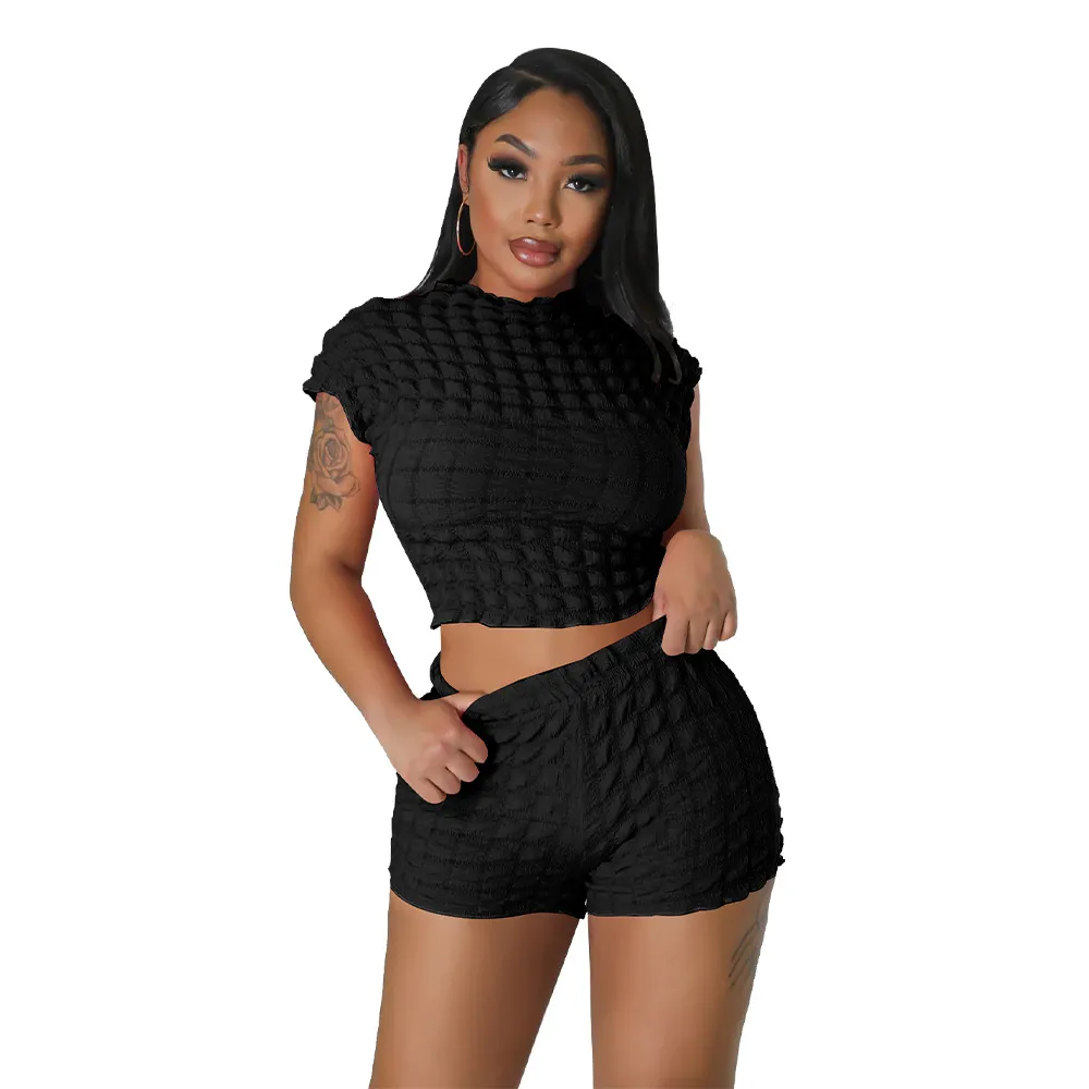 Women's Clothing Hot Sleeveless Midriff-baring Shorts Popcorn Bubble Two-piece Set - Black
