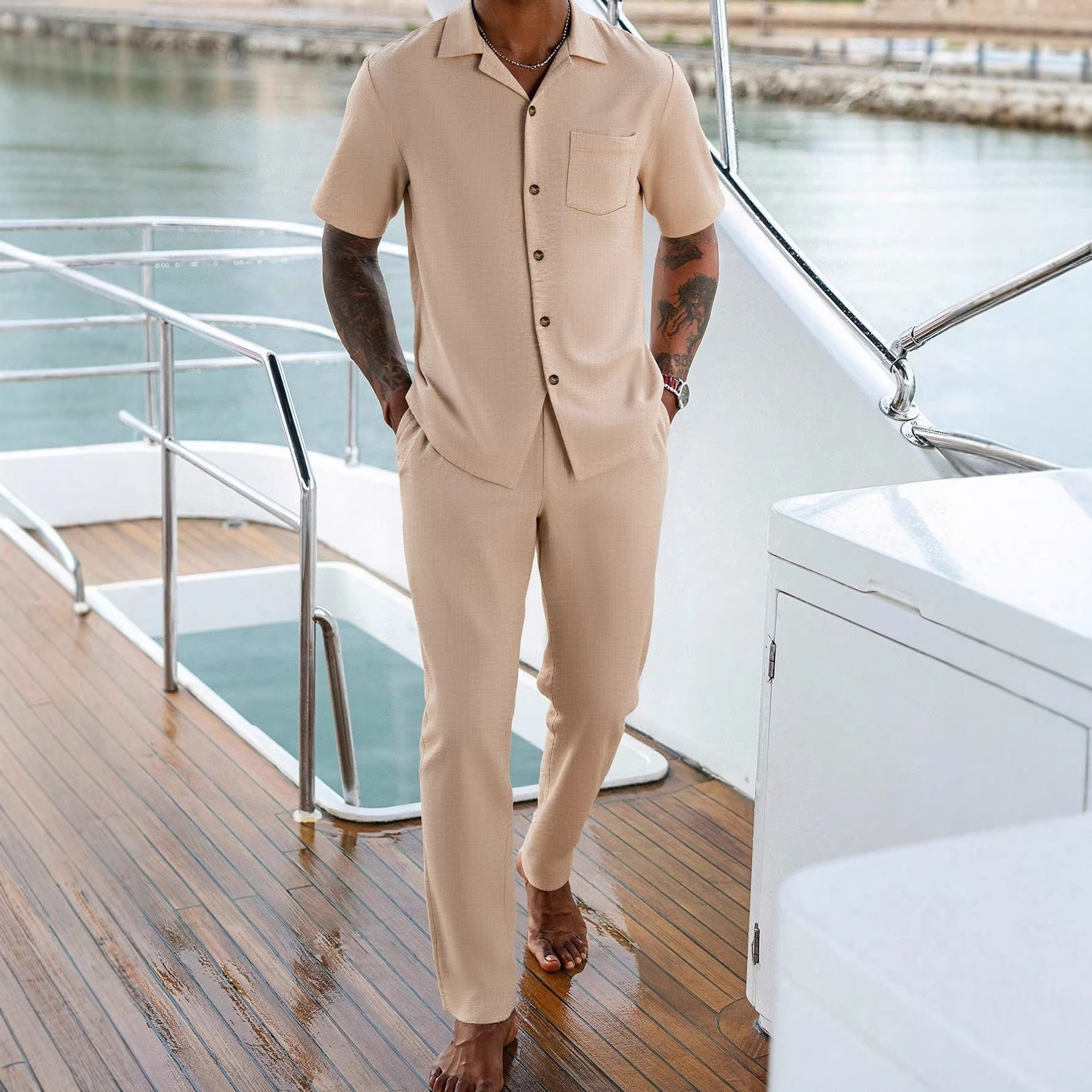 Mens Solid-Colored Lapel Casual Shirt And Pants Set