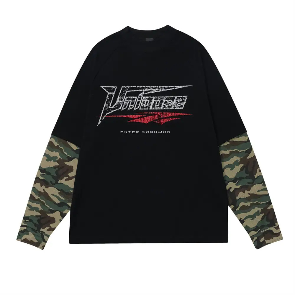 False Two-piece Patchwork Camouflage Long Sleeve Loose T-shirt Men