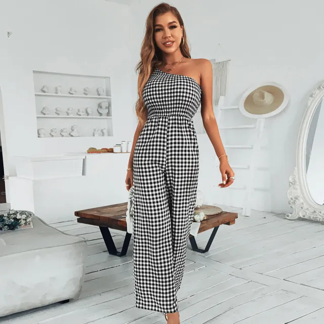 Plaid One shoulder Top Section Smocking Temperament Polyester Women's Jumpsuit Black - Shop at LoveMi