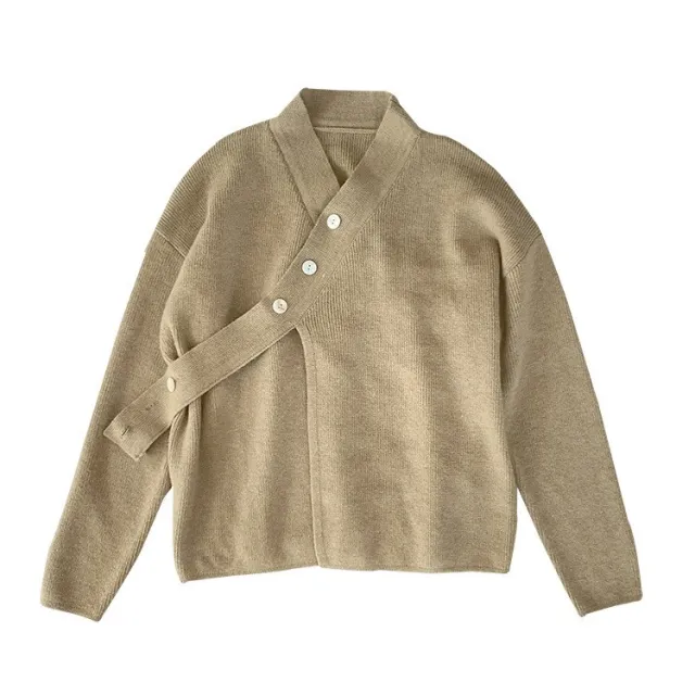 V neck Diagonal Buckle Loose Knit Sweater Jacket Camel - Shop at LoveMi