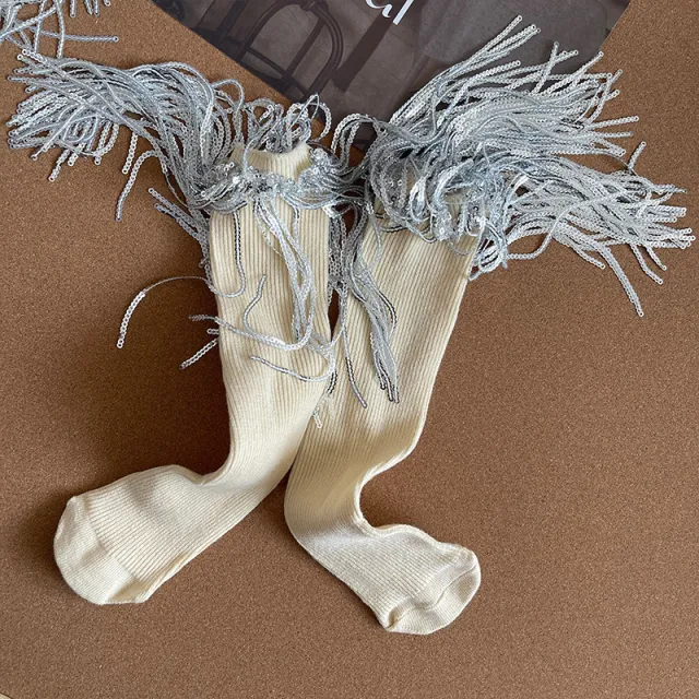 Girls Sequins Tassel Calf Socks Milky White - Shop at LoveMi