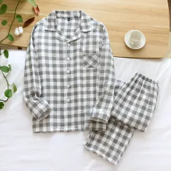 Cotton Washed Cotton Gauze Thin Section Plus Size Homewear Suit - Gray Plaid Crepe Set Set Men - View 1