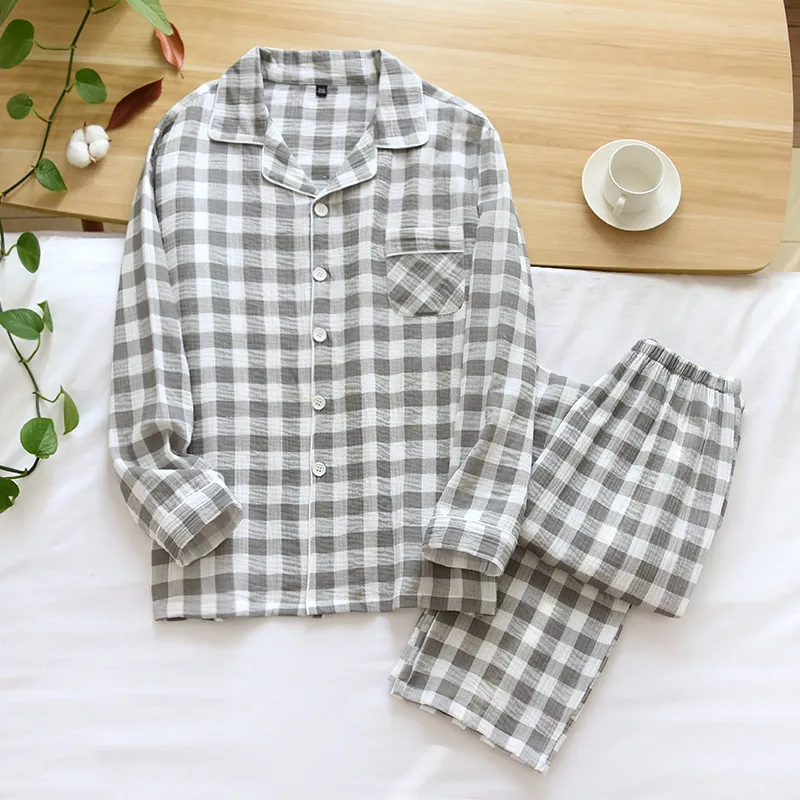 Cotton Washed Cotton Gauze Thin Section Plus Size Homewear Suit - Gray Plaid Crepe Set Set Men