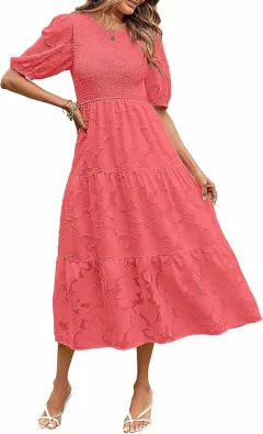 Summer Dress Floral Lace Short Sleeve High Waist - Watermelon Red - View 1