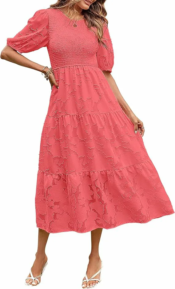 Summer Dress Floral Lace Short Sleeve High Waist Watermelon Red - Shop at LoveMi