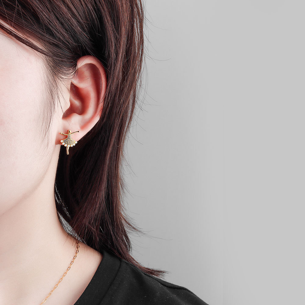 Women's Sterling Silver Needle Dancing Zircon Stud Earrings