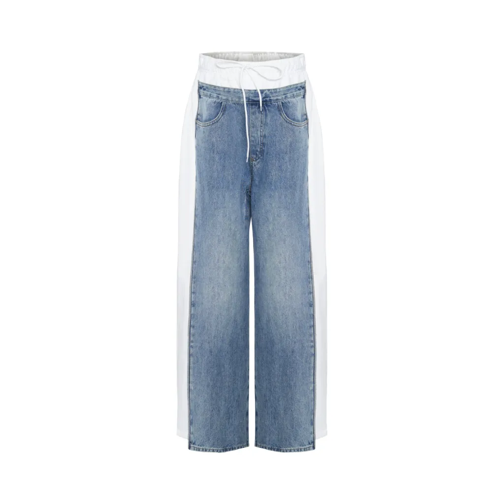 Women's Patchwork Jeans High Waist Loose Trousers - Blue