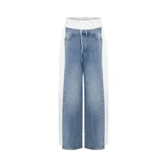 Women's Patchwork Jeans High Waist Loose Trousers - Blue - View 1