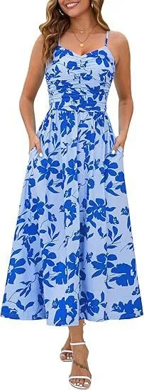 Elegant Pleated Floral Pocket Dress For Women Blue - Shop at LoveMi