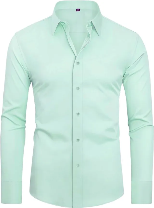 Men's Slim fit Long sleeve Solid Color Simple Business Casual Shirt Green - Shop at LoveMi
