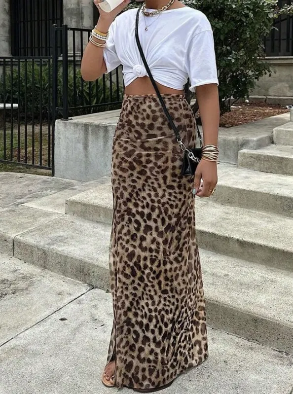 Leopard Print Women's High Waist Elegant Graceful Slimming Skirt Brown - Shop at LoveMi