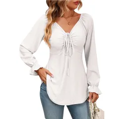 New European And American V-neck Drawstring Waist Sexy Long Sleeve Solid Colour T-shirt - White - View 1