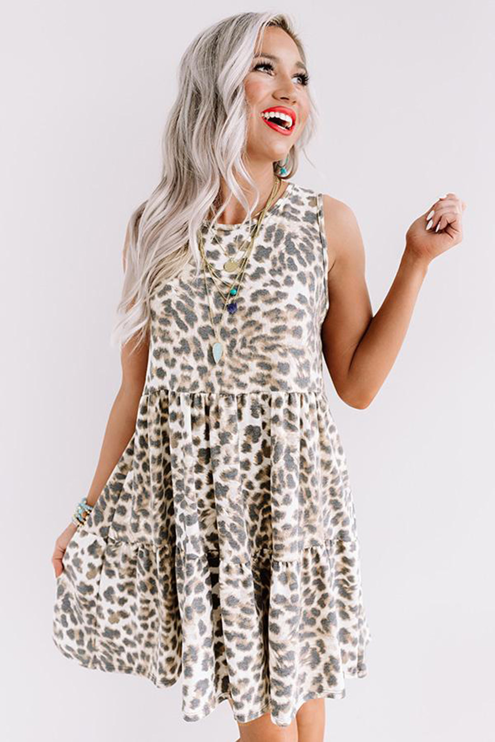 Women's Fashion Leopard Splicing Round Neck Loose Dress