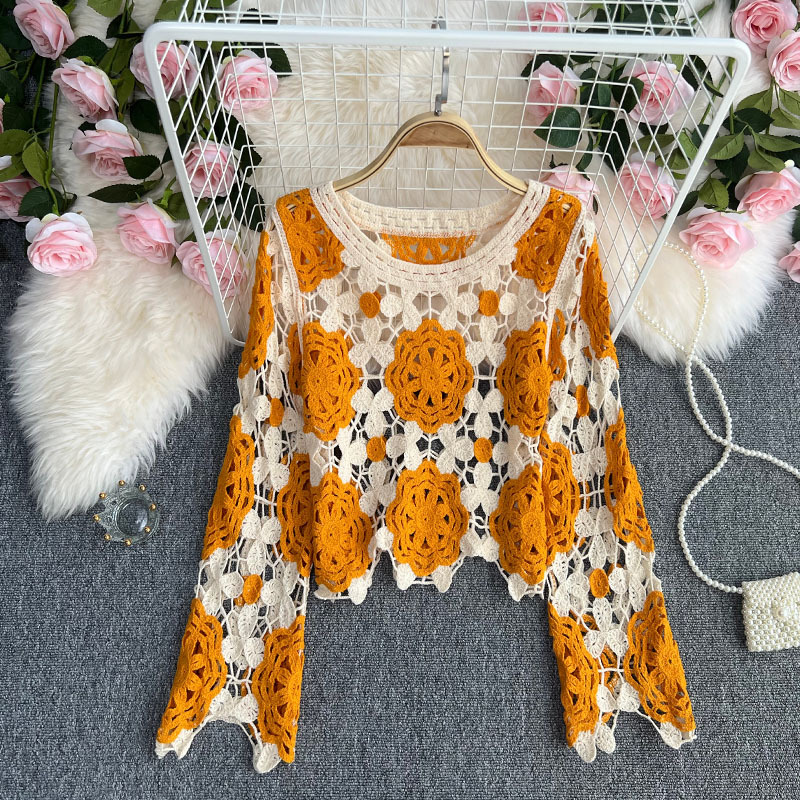 New Crocheted Hollow Sweater Loose Slimming Thin Top Women's Temperament Crew Neck Long Sleeve Blouse