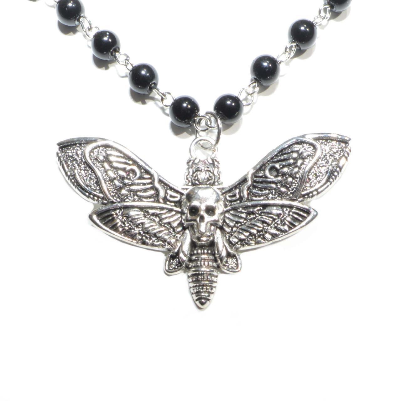 Skull Moth Black Pearl Necklace