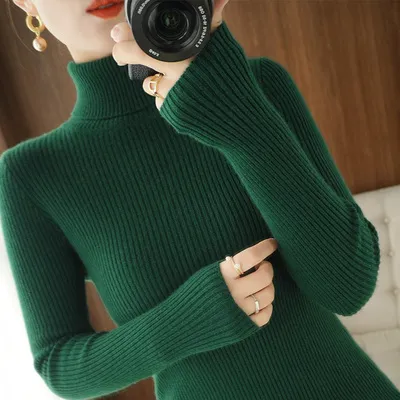 Autumn And Winter Women's Slim fit Pullover Knit Sweater For Layering Dark Green - Shop at LoveMi