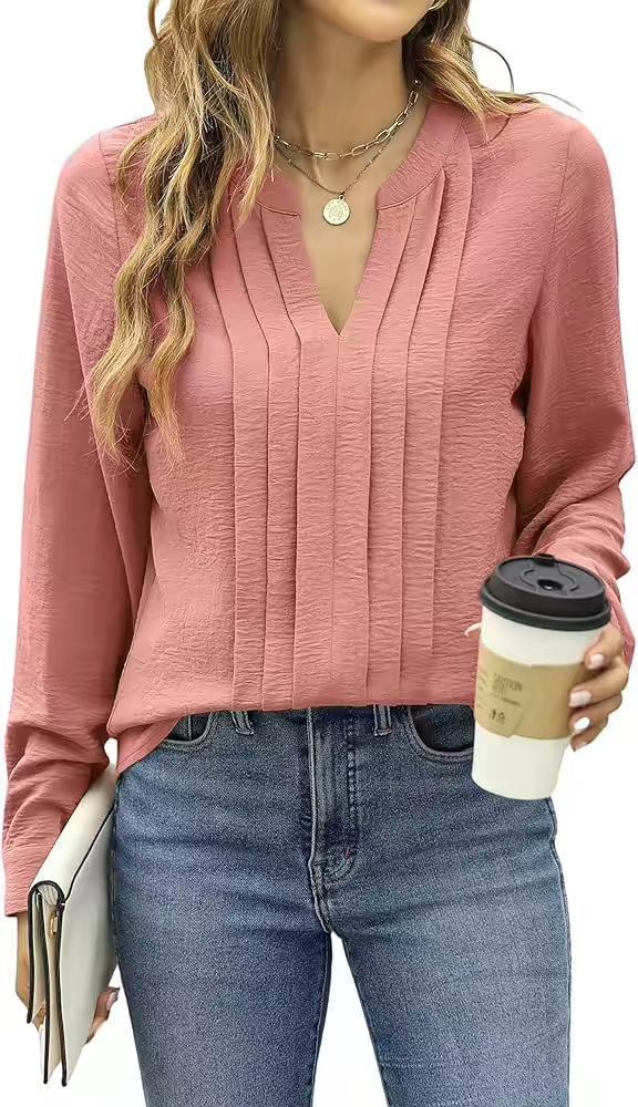 Temperament Commute Long Sleeve Solid Color Sweet Top Women's V neck Design Pink - Shop at LoveMi