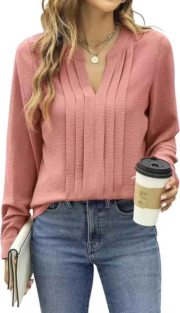 Temperament Commute Long Sleeve Solid Color Sweet Top Women's V neck Design Dark Pink - Shop at LoveMi