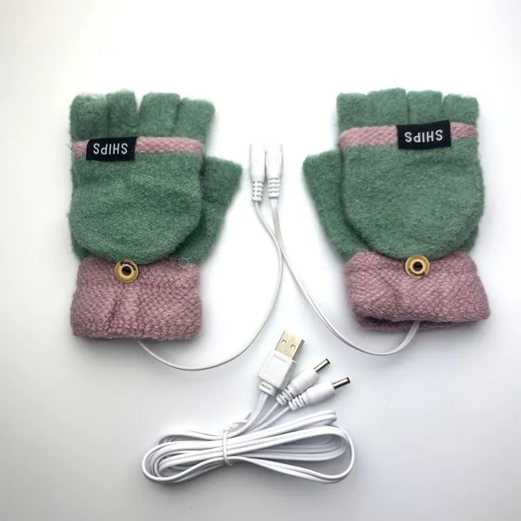 USB Electrically Heated Gloves Half Finger Gloves Indoor Outdoor - Green