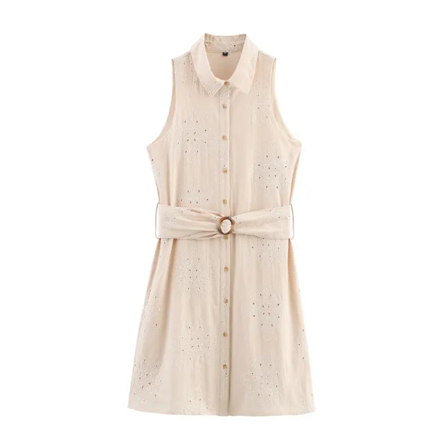 European And American Style Adhesive Hollow Embroidery Sleeveless Dress Apricot - Shop at LoveMi