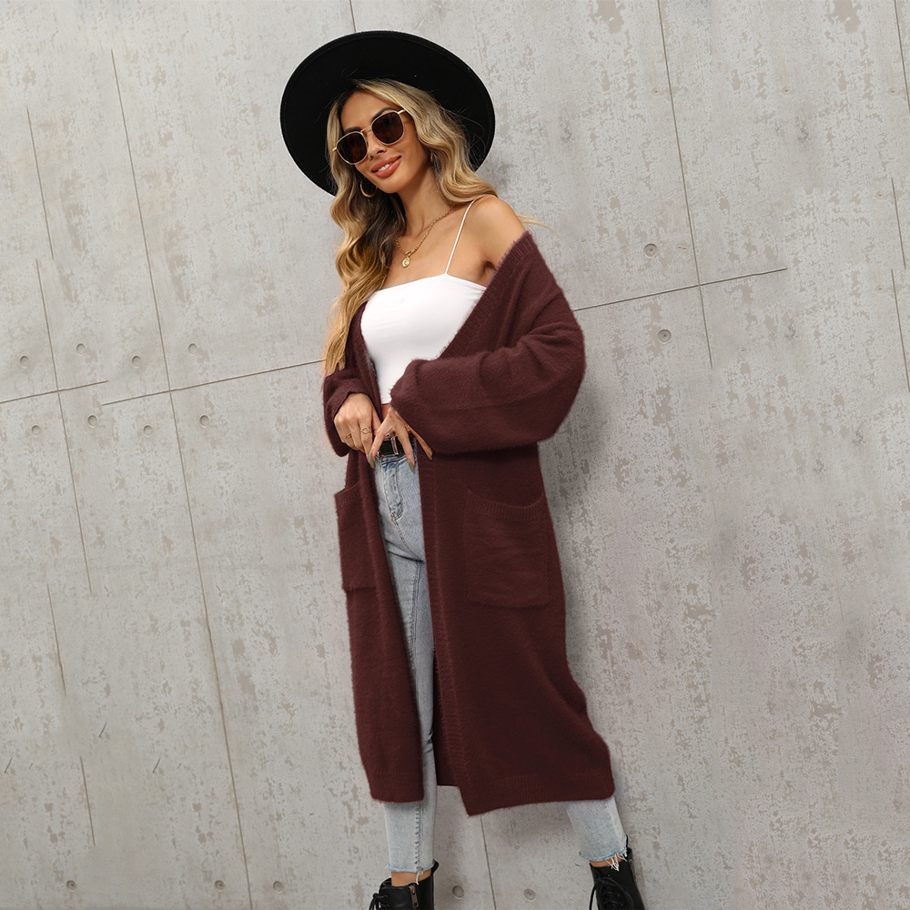 Cross Border Foreign Trade Long Solid Color Cardigan High-end Sweater Coat