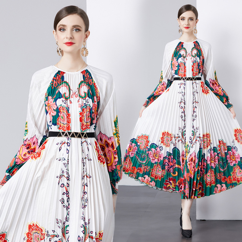 Women's Fashion Vintage Printed Round Neck Long Sleeve Dress - Image 11