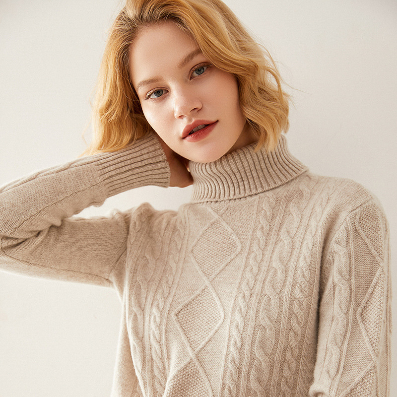 Female Turtleneck Pullover Thick Cashmere Sweater Elegant Camel - Shop at LoveMi