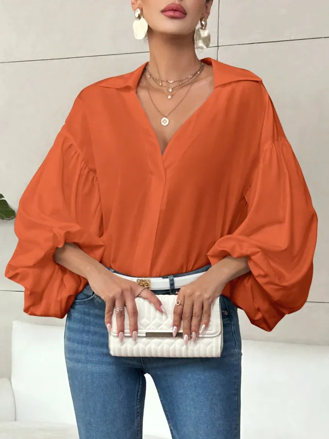 Niche Fashionable French Polka Dot Half open Collar Design Loose Bubble Long Sleeve Top Orange - Shop at LoveMi