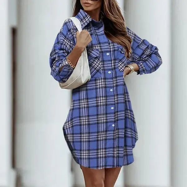Women's Printed Plaid Plus Size Pocket Shirt Dress Blue - Shop at LoveMi