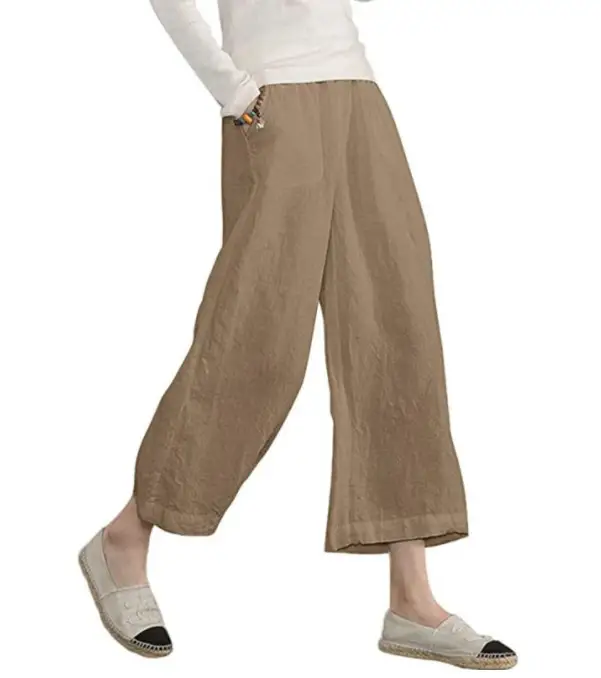 Solid-color Cotton-linen Relaxed-fit Casual Cropped Wide-leg Pants