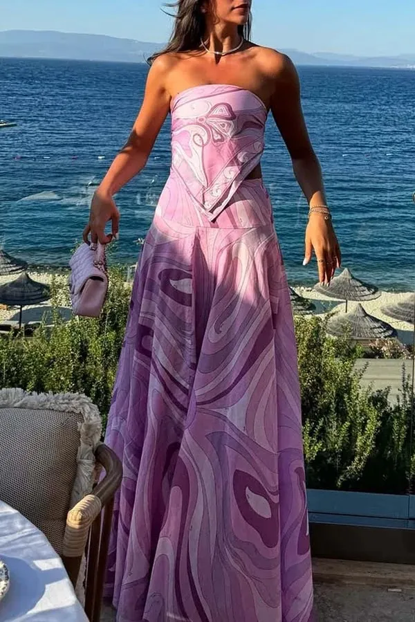 European And American Vacation Style Suit Tube Top Two piece Long Dress Pink - Shop at LoveMi
