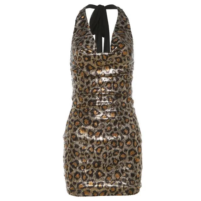 Fashion Women's Wear Leopard Print Sequins Slim Fit Dress Leopard - Shop at LoveMi