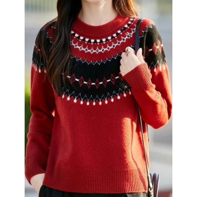 Jacquard Round Neck Multicolor Sweater For Women Red - Shop at LoveMi