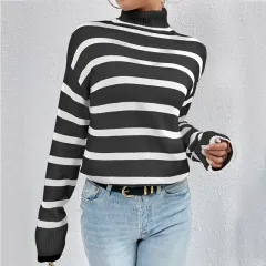 Women's Loose Contrast Color Striped Sweater Long-sleeved Top - Black And White Stripes - View 1