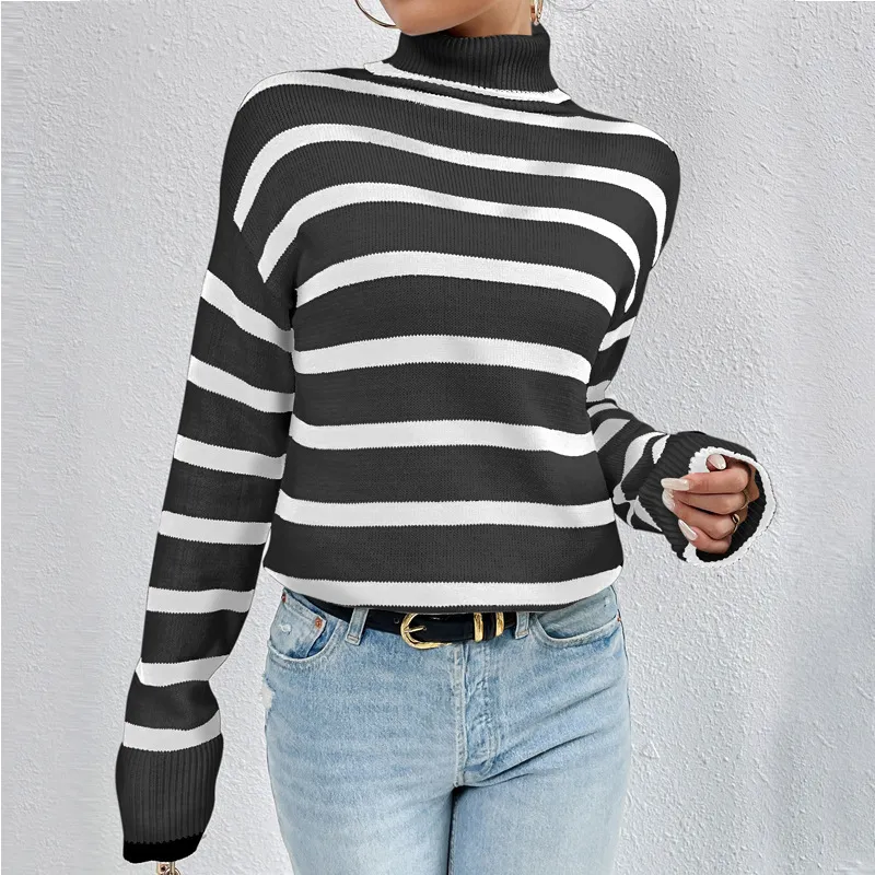 Women's Loose Contrast Color Striped Sweater Long-sleeved Top - Black And White Stripes
