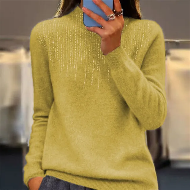 Women's Pullover Sweater Half high Collar With Diamonds Mustard Yellow - Shop at LoveMi