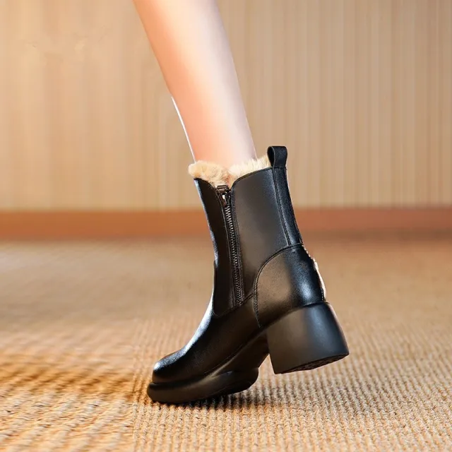 Winter New Rabbit Fur Warm Snow Boots Women's Chunky Heel Side Zip Women's Ankle Boots Black - Shop at LoveMi